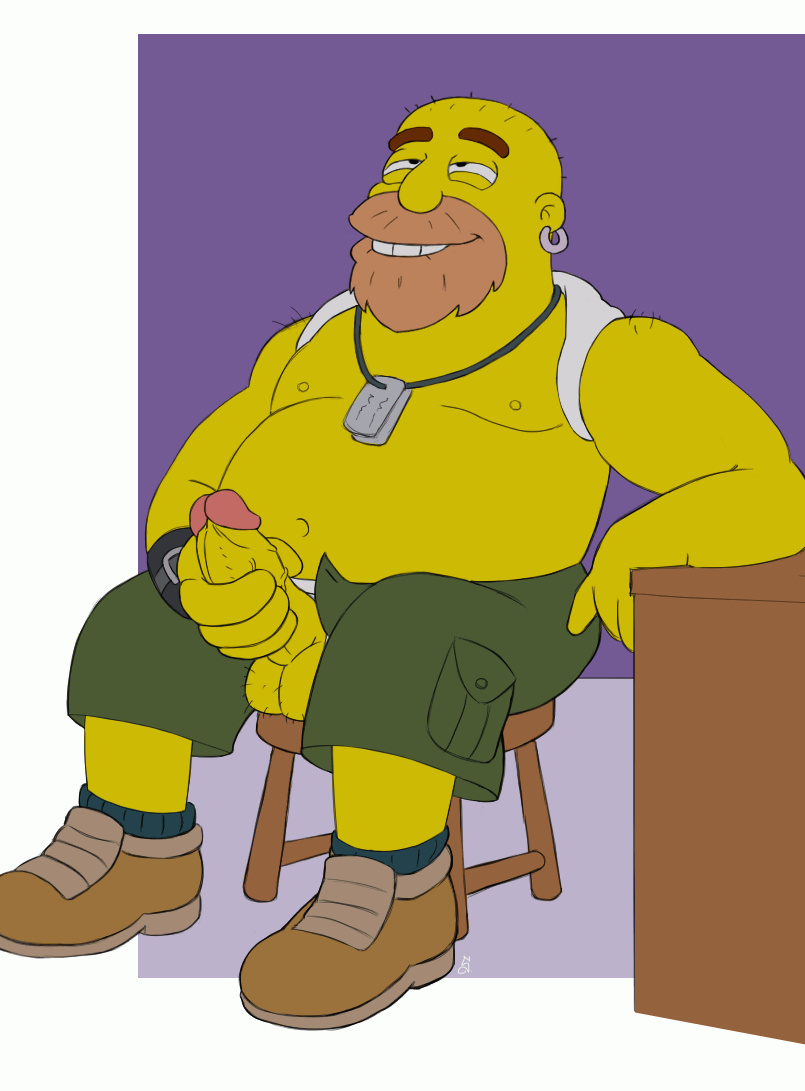 balls beard chair clothed ear_piercing eyebrows fat_man glans grizzly_shawn male male_only masturbation penis santo_(artist) solo solo_male teeth the_simpsons yellow_balls yellow_penis yellow_skin