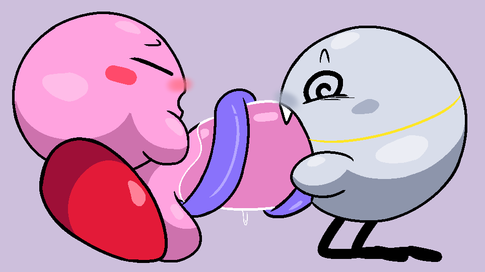 balls big_penis blush bodily_fluids borlis_orbi closed_eyes eyebrows fangs feet genitals glistening glistening_body grey_body grey_skin half-closed_eyes huge_cock hyper hyper_genitalia hyper_penis kirby kirby_(series) long_tongue male male/male narrowed_eyes nintendo oral penis pink_body pink_feet pink_skin purple_tongue red_feet saliva shaded simple_background slem spiral_eyes stick_legs surprised_expression teeth tongue tongue_wrap waddling_head