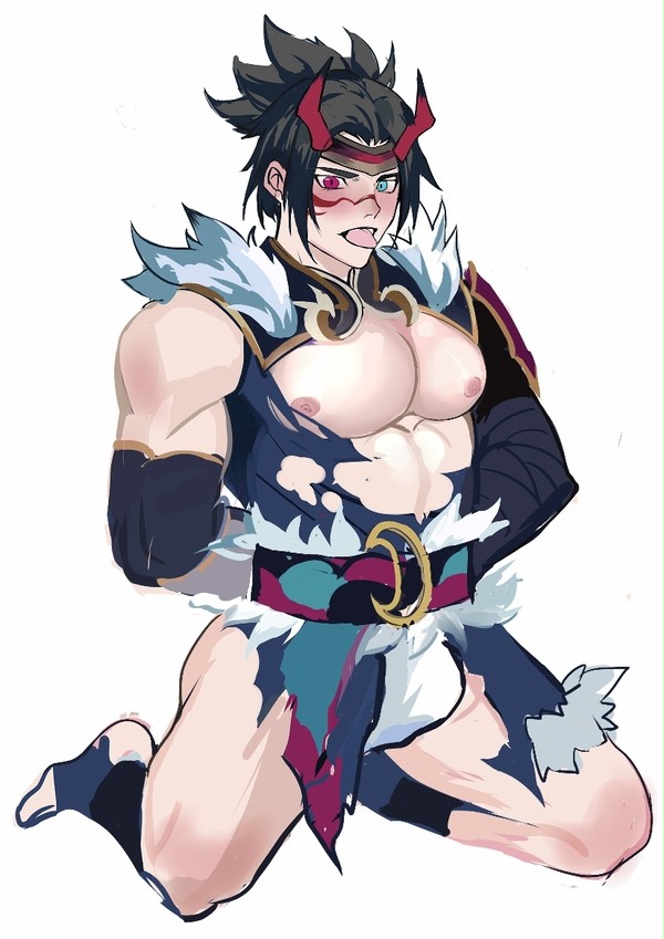 bara big_breasts big_chest black_hair blood_moon_series blush breasts clothed clothing hair_ornament kayn league_of_legends male male_focus male_only male_tits mie77014827 muscular muscular_male open_mouth pale_skin partially_nude pecs pectorals ripped_clothing ripped_pants simple_background snow_moon_kayn tongue tongue_out white_background