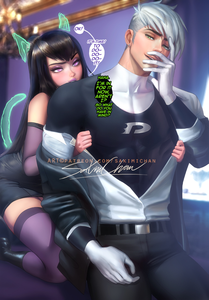 1boy 1girls abs absolute_territory black_hair canon_couple cat_ears cat_tail danny_fenton danny_phantom female long_hair male muscular_male purple_eyes removing_clothing sakimichan sam_manson short_hair skirt thighhighs white_hair