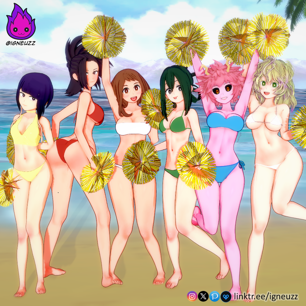 3d 6+girls 6girls ashido_mina ass asui_tsuyu bikini bikini_bottom bikini_top black_hair boku_no_hero_academia breasts brown_hair cheerleader cheerleader_uniform female_only green_hair hagakure_tooru hagakure_tooru_(visible) horns igneuzz igneuzz_set jirou_kyouka kyoka_jiro looking_at_viewer micro_bikini mina_ashido momo_yaoyorozu multiple_girls my_hero_academia ochako_uraraka pink_hair pink_skin purple_hair shounen_jump smile tagme take_your_pick tooru_hagakure tooru_hagakure_(visible) tsuyu_asui uraraka_ochako w3d water yaoyorozu_momo