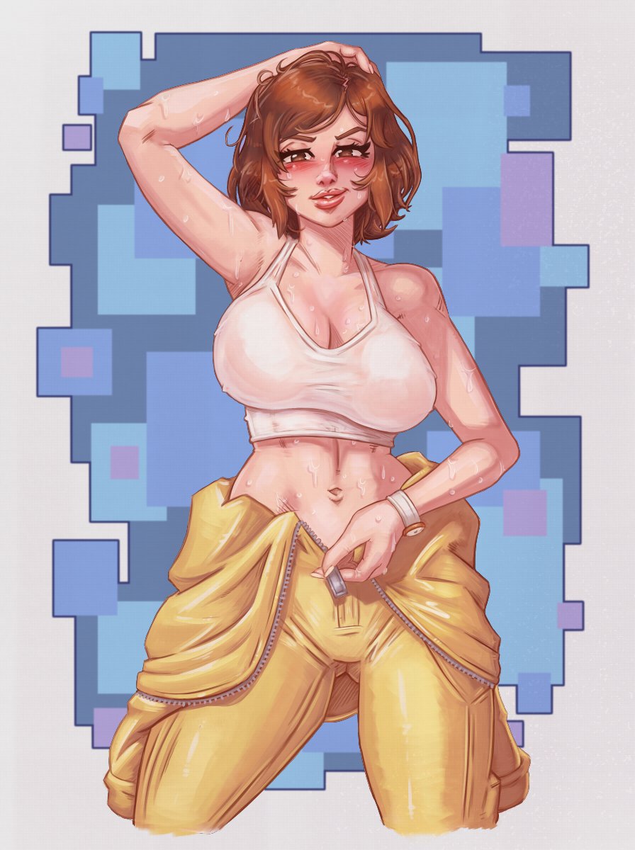 1girls, alternate version available, april o'neil, april o'neil (tmnt 1987), armpits, armwear, big breasts, big lips, blush, bodysuit, breasts, brown eyes, brown hair, female, female only, hair, huge breasts, l0ngsword, lips, sfw version, solo, solo female, sweat, sweating, sweaty, sweaty body, tank top, teenage mutant ninja turtles, thick lips, tmnt 1987, unzipped, unzipped bodysuit, watch, white tank top, yellow bodysuit, zipper, zipper down