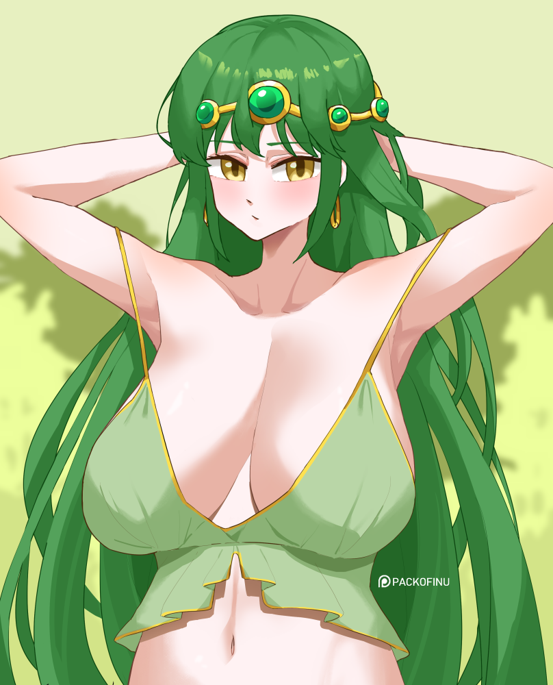 1girls 2023 armpits arms_behind_head arms_up blush bottomless breasts earrings green_hair hair_ornament huge_breasts irena_(maplestory) large_breasts long_hair looking_at_viewer maplestory navel pack_of_inu patreon_username tagme very_long_hair watermark yellow_eyes