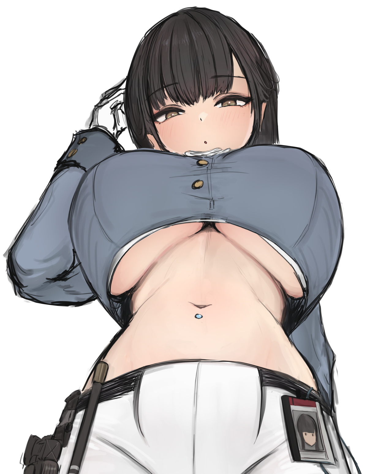 1girls, black hair, black jacket, breasts, cropped jacket, dobuapple, doburingo, eyebrows visible through hair, female, from below, gloves, goddess of victory: nikke, huge breasts, id card, long hair, looking at viewer, looking down, looking down at viewer, looking over breasts, low-angle view, marciana (nikke), navel, navel piercing, no bra, parted lips, simple background, solo, solo female, stomach, teacher, underboob, white background, white gloves, white pants, yellow eyes