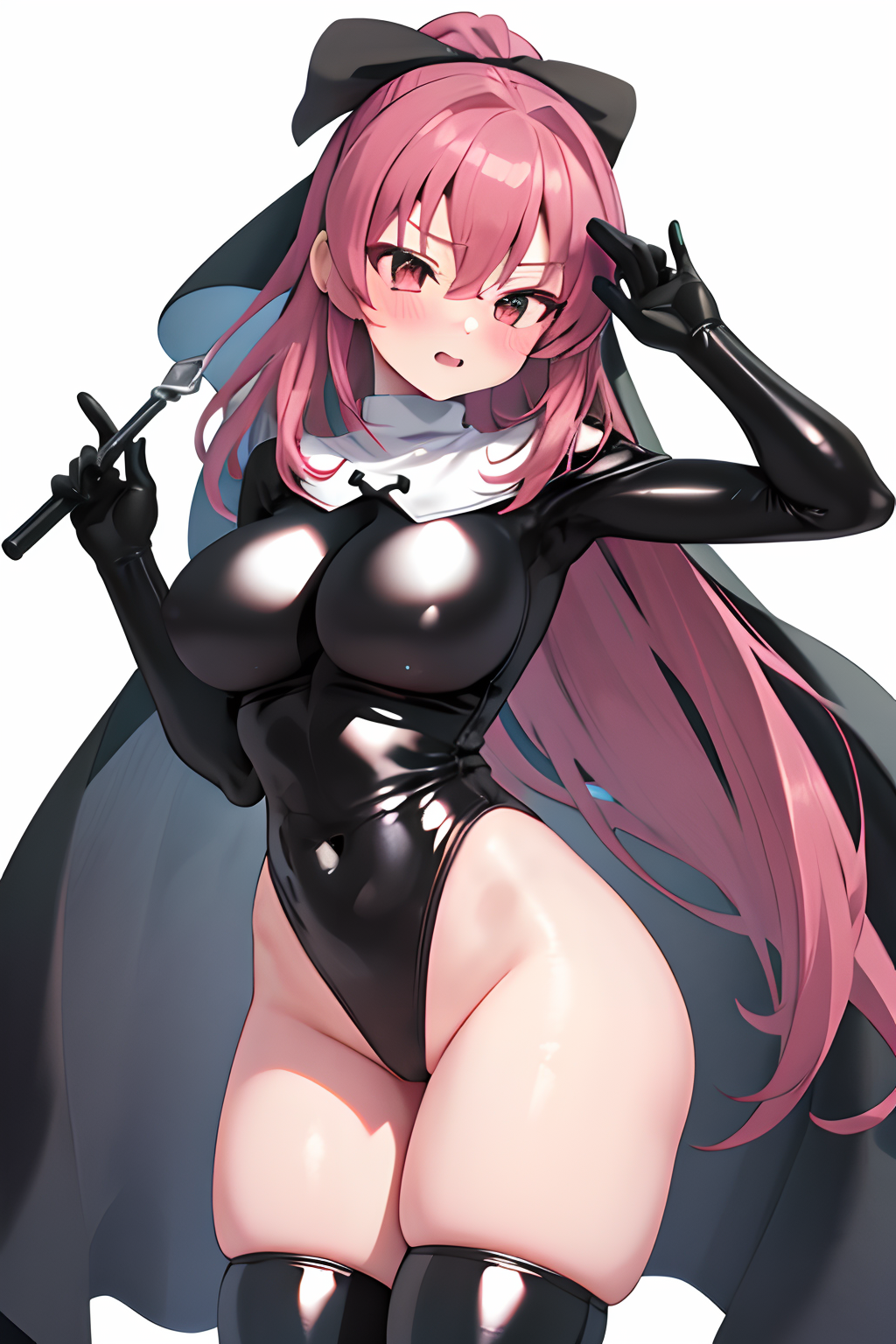 1girls ai_generated black_ribbon female female female_focus female_only hair_ribbon highres latex_gloves latex_leotard latex_stockings latex_suit long_hair long_ponytail magical_girl mahou_shoujo_madoka_magica medium_breasts nun nun_outfit open_mouth ponytail puella_magi_madoka_magica red_eyes red_hair sakura_kyouko solo solo_female solo_focus thick thick_thighs