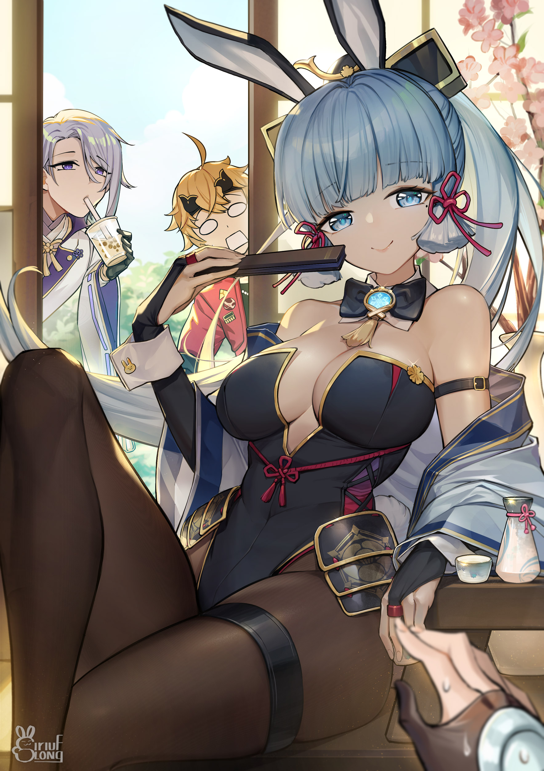 1girls, 2boys, bare shoulders, blonde hair, blue eyes, blue hair, breasts, bunny ears, bunny girl, bunnysuit, busty, cleavage, fan, female, female focus, genshin impact, hi res, hourglass figure, kamisato ayaka, kamisato ayato, legwear, light skin, light-skinned female, long hair, looking at viewer, male, pantyhose, pov, pov eye contact, siriuflong, smile, smiling, smiling at viewer, thick thighs, thighs, thoma (genshin impact), tight clothing, vision (genshin impact), voluptuous, voluptuous female