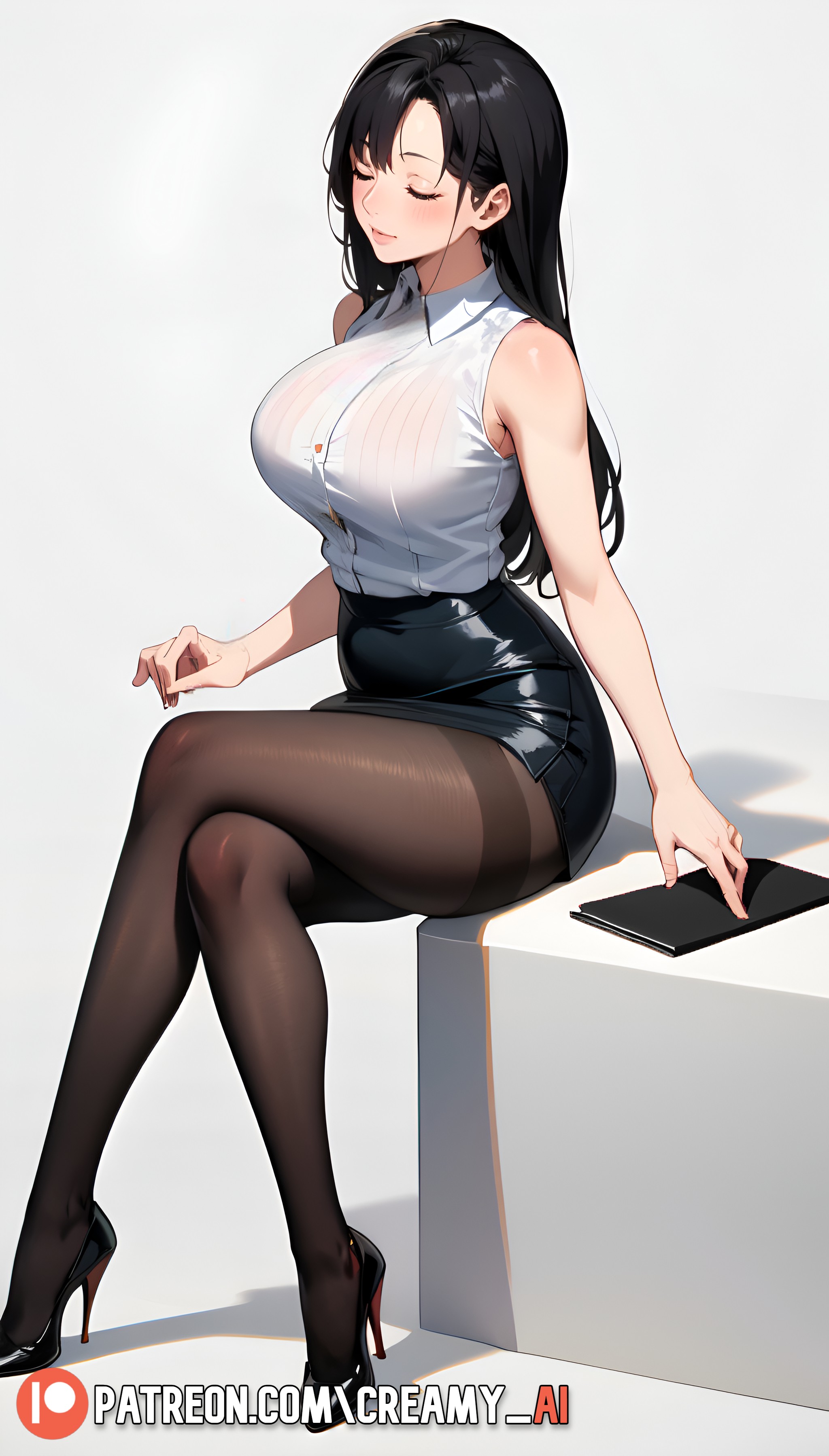 1girls, ai generated, big breasts, black hair, breasts, closed eyes, closed mouth, creamy ai, female, female only, heels, hi res, high heels, lips, long hair, nico robin, office lady, one piece, pantyhose, patreon username, pencil skirt, perky breasts, post-timeskip, shirt, sitting, sleeveless, thick thighs, thighs, white shirt