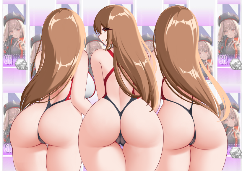 3girls ass ass_focus back breasts brown_hair cameltoe clone cowboy_shot female_only from_behind game_mechanics game_ui goddess_of_victory:_nikke large_breasts long_hair looking_at_viewer looking_back lowres luex one-piece_swimsuit parted_lips rapi_(classic_vacation)_(nikke) rapi_(nikke) swimsuit thighs