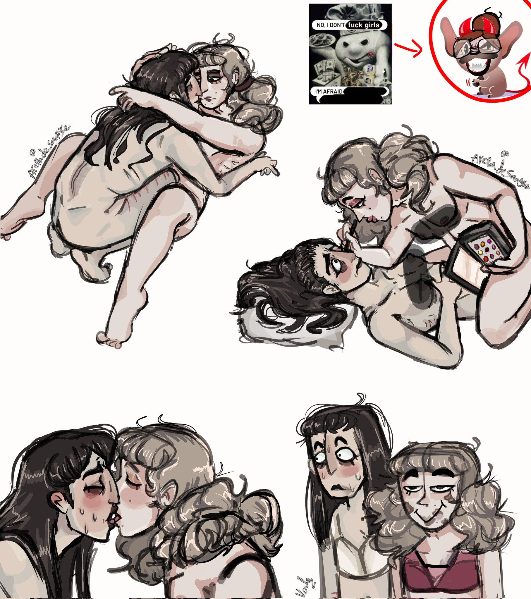 2girls, arepasangre, bangs, black hair, blush, breasts, brown hair, censored, fear and hunger, fear and hunger: termina, female, hugging, kissing, light skin, lipstick, lipstick mark, long hair, makeup, marina (fear and hunger), multiple females, multiple girls, pale skin, samarie (fear and hunger), scars, scars on legs, scars on thighs, self harm scars, sweat, sweatdrop, trans woman, transfem