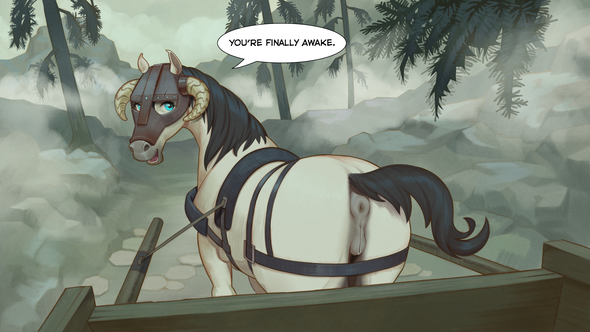 1girls, 2023, anus, bethesda softworks, carriage, cyan eyes, detailed background, dialogue, english, english dialogue, english text, equid, equine, equine pussy, female, female only, feral, feral only, grey body, helmet, jotun22, looking at viewer, looking back at viewer, open mouth, presenting, presenting hindquarters, pussy, skyrim, speech bubble, talking to viewer, text, the elder scrolls
