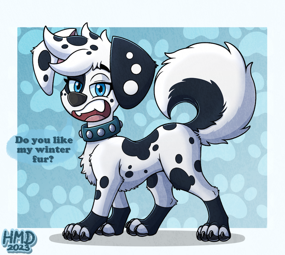 101_dalmatian_street 101_dalmatians 2023 black_body black_fur black_spots blue_eyes canid canine canis claws collar dalmatian dalmatian_half_husky dalsky dialogue digital_drawing_(artwork) digital_media_(artwork) disney dog dog_collar domestic_dog ear english_dialogue english_text eyelashes female female_dog female_focus female_only feral feral_female feral_focus feral_only floppy_ears fluffy fluffy_body fluffy_chest fluffy_hair fluffy_tail fur furry half-closed_eyes hmdkoba husky long_ears looking_at_viewer maddie_(101_dalmatians) open_mouth open_smile pawpads paws raised_tail side_view simple_background smile smiling_at_viewer solo solo_female solo_feral solo_focus solo_male speech_bubble spots spotted_body spotted_fur tail tail_raised text white_body white_fur white_hair white_skin white_spots