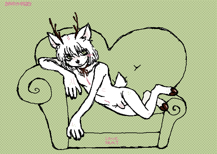 2023 888g888 anthro antlers balls blush cervine choker colored_nails deer digital_drawing_(artwork) digital_media_(artwork) english_text flaccid flat_colors freckles freckles_on_face freckles_on_feet freckles_on_hands freckles_on_hips freckles_on_shoulders fur furniture genitals girly green_background green_eyes hair hooves horn humanoid_genitalia humanoid_penis jewelry kemono looking_away loveseat lying male mammal microsoft_paint mori_akino_(888g888) nails navel necklace nude on_side penis ribbon_choker scut_tail short_tail simple_background sofa solo tail text watermark white_body white_fur white_hair