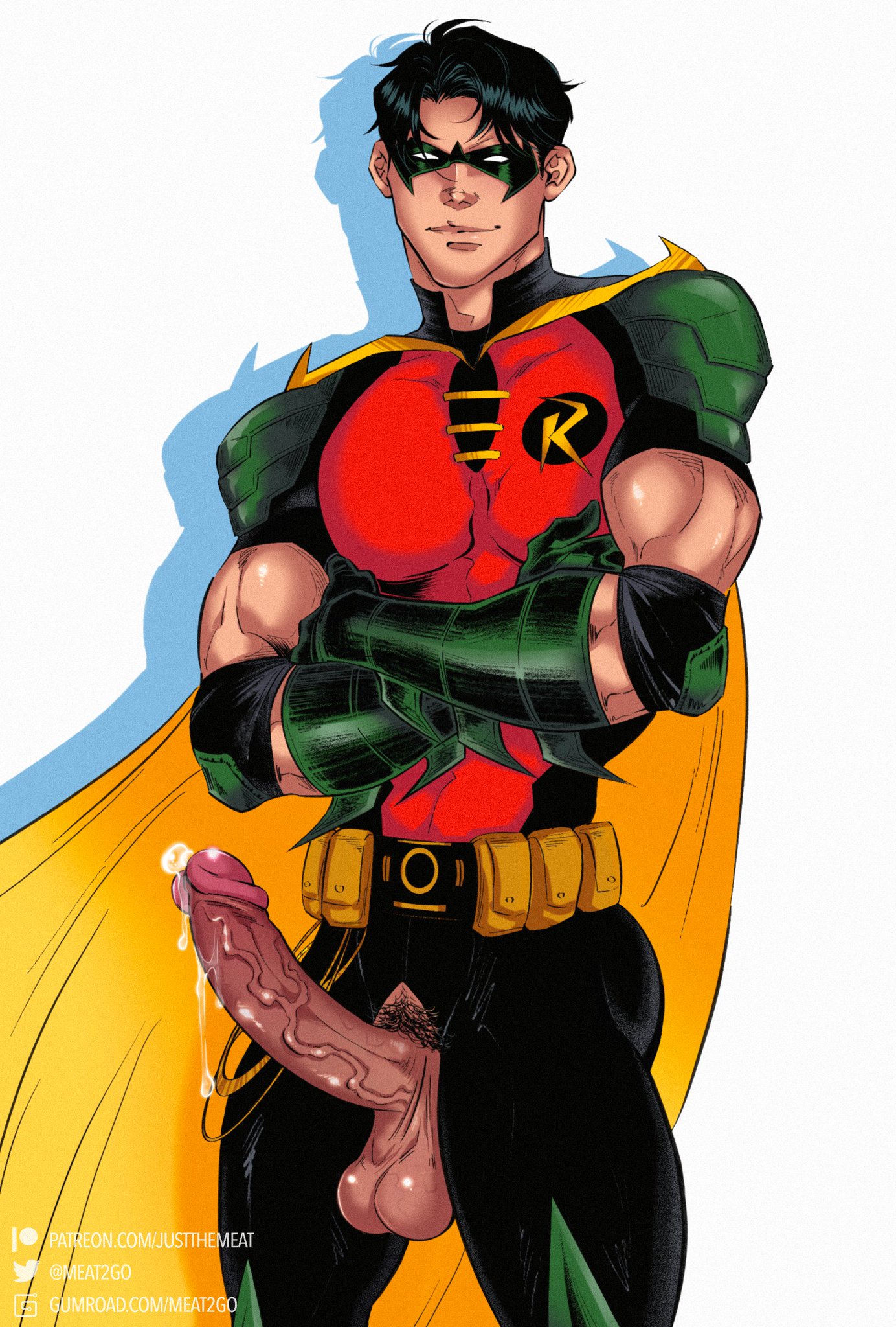 1boy, arms crossed, batman (series), big penis, boner, caucasian, caucasian male, dc, dc comics, erect penis, erection, foreskin, fully retracted foreskin, hard on, huge cock, justthemeat/meat2go, male, male only, masked, muscles, muscular, muscular male, penis, penis out, precum, precum drip, retracted foreskin, robin (dc), robin (tim drake), solo, solo male, superhero, tim drake, uncircumcised, veiny penis