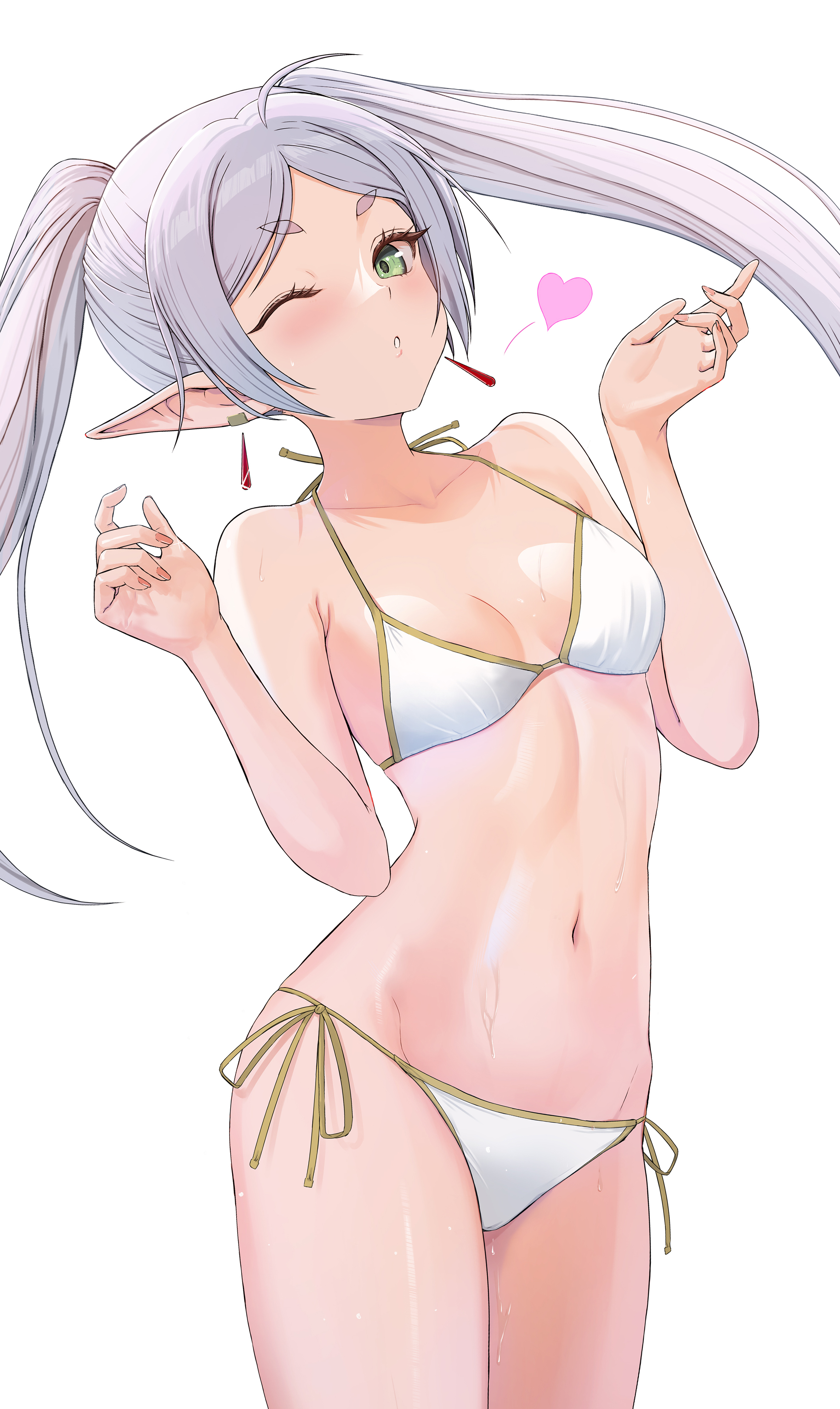 1girls, belly, belly button, bra, elf, elf ears, elf female, elf girl, female, female only, frieren, knife ears, light skin, light-skinned female, panties, pointy ears, sasasa r 23, sharp ears, sousou no frieren, ssk (artist), thin, tummy, twintails, underwear, white hair