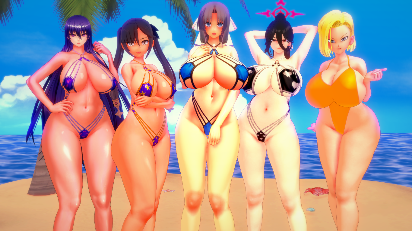 akiyama rinko, android 18, bikini, blue archive, breasts, codeyumi, dragon ball, female, genshin impact, hasumi (blue archive), mona (genshin impact), senran kagura, taimanin (series), thick thighs, yumi (senran kagura)