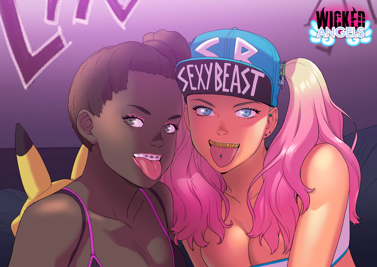 2girls, blonde hair, blue eyes, braces, casey (tekuho), dark skin, dark-skinned female, female, green eyes, grey eyes, hair bun, krystal (tekuho), looking at viewer, original, petite, pink eyeshadow, pink hair, pink lipstick, ponytail, prostitution, seductive eyes, seductive look, seductive mouth, side ponytail, tan skin, teenager, tekuho, tied hair, tongue, tongue out, twintails, two-tone hair, wicked angels, yellow eyeshadow, yellow lipstick