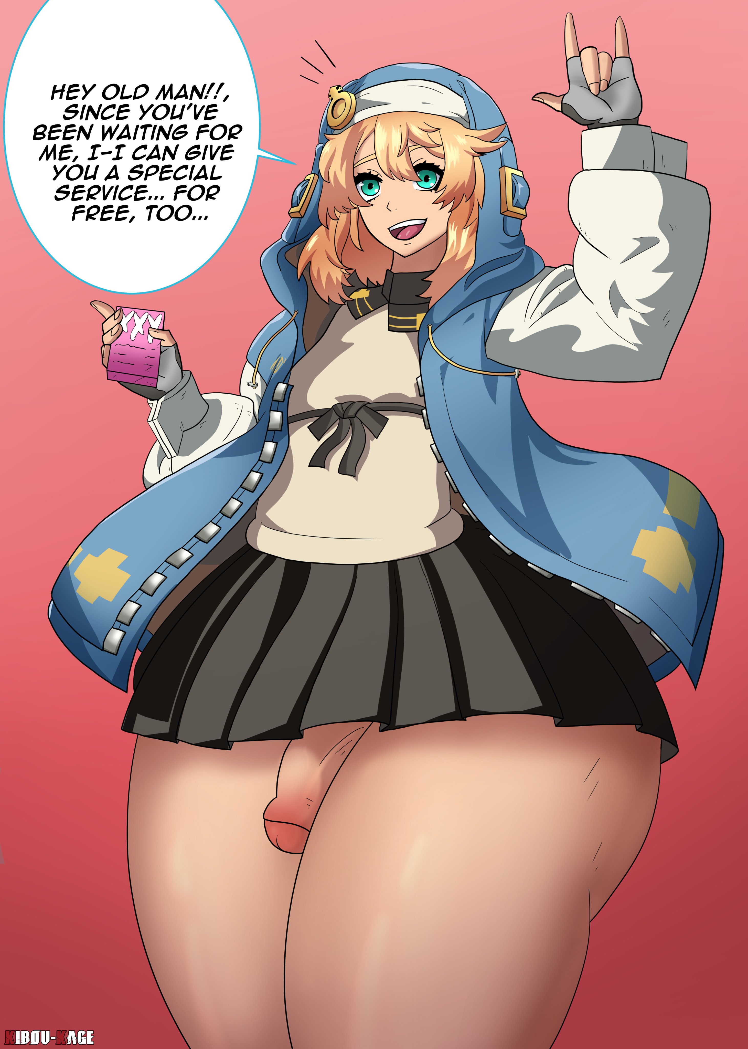 1boy, androgyne symbol, androgynous, ass, ass visible through thighs, big ass, big ass (male), big butt, blonde hair, bridget, comic page, dialogue, english, english text, fat ass, fingerless gloves, green eyes, guilty gear, guilty gear strive, kibou-kage, long hair, looking at viewer, male, male only, otoko no ko, penis, skirt, speech bubble, text, text bubble, thick thighs, thighs, video games, wide hips