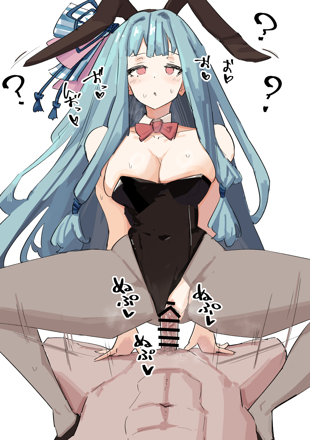 1boy ? abs animal_ears bare_shoulders big_breasts blue_hair breasts bunnysuit cleavage cowgirl_position empty_eyes fake_animal_ears female heavy_breathing highres kotonoha_aoi leotard open_mouth pantyhose pink_eyes playboy_bunny pov rabbit_ears sex straddling torn_clothes torn_pantyhose torso_(hjk098) vaginal_penetration voiceroid