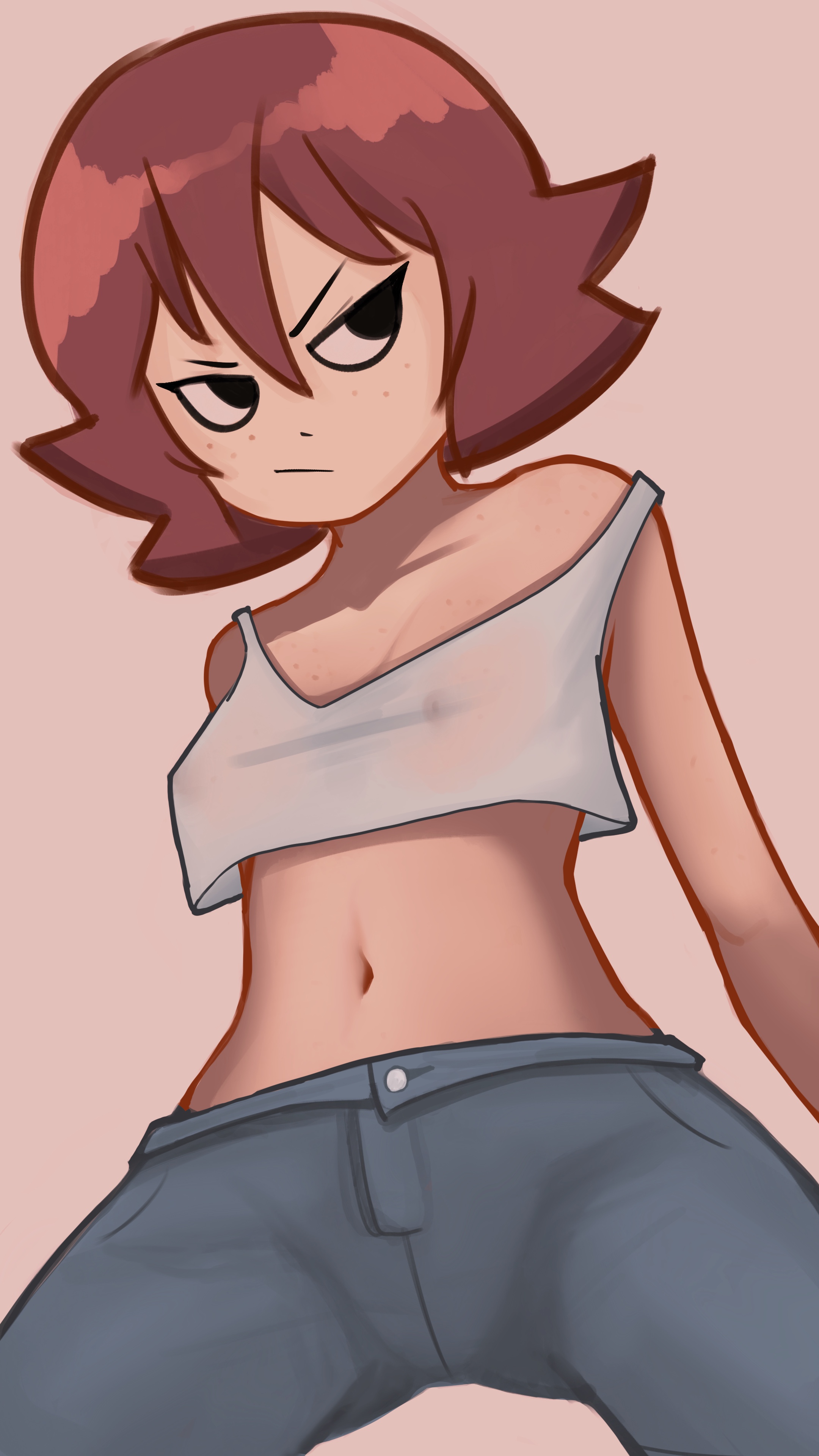 1girls, artist request, bare shoulders, black eyes, breasts, brown hair, clothed, erect nipples, female, female only, freckles, freckles on breasts, freckles on face, freckles on shoulders, kim pine, nipples, pants, red hair, scott pilgrim, see-through, see-through clothing, short hair, solo, solo female, strap slip, tank top