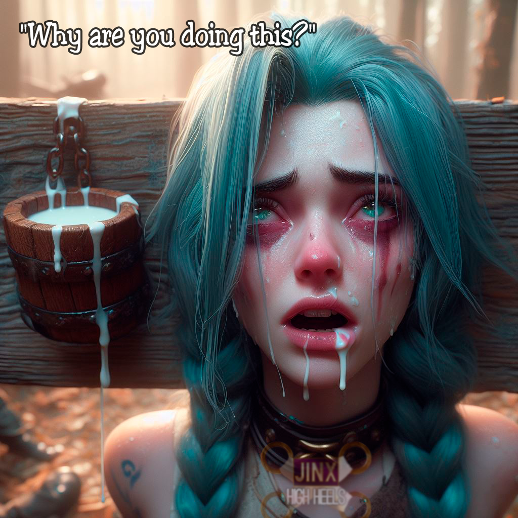 3d, ai generated, arcane, blue hair, crying, cumdump, english text, female, female focus, jinx (league of legends), league of legends, polilovess, riot games, runny makeup, semen, text