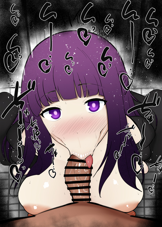 :>=, 1boy, 1girls, big breasts, big penis, blowjob, blush, breasts, cape, censored, color, colored, dark skin, dark-skinned male, detailed background, drooling, erect nipple, erect nipples, eyelashes, fellatio, female, fern (sousou no frieren), heart, human, indoor, indoors, kurotama, licking, long hair, looking at viewer, male, male pov, nipples, oral, oral sex, penis, pov, purple eyes, purple hair, saliva, shiny, shiny skin, sketch, sound effects, sousou no frieren, squatting, text, tongue, tongue out, vein, veins, veiny, veiny penis