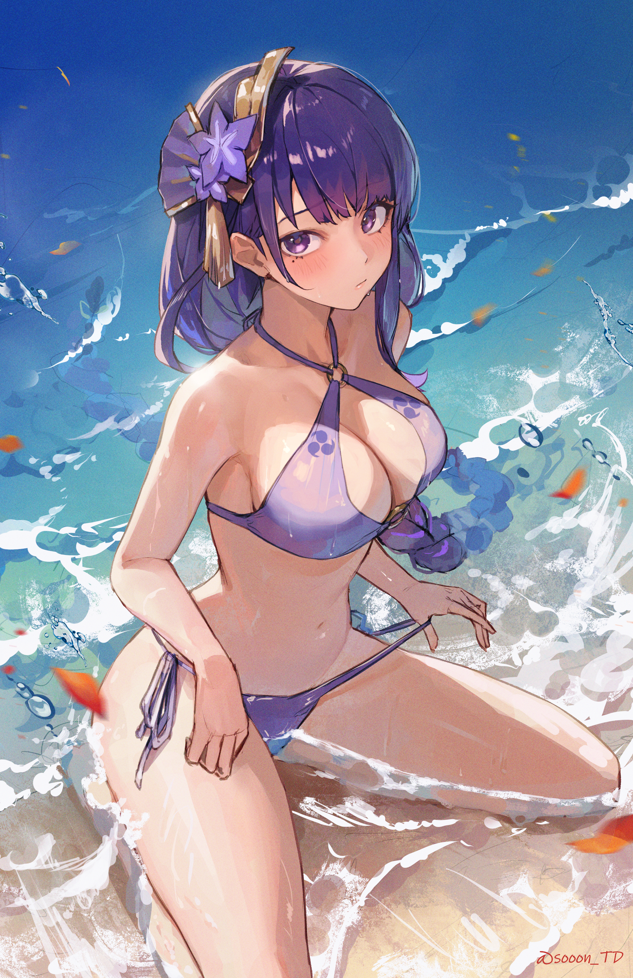 1girls, beach, bikini, bikini pull, blush, braid, breasts, cleavage, clothes pull, female, female only, genshin impact, hair ornament, highres, kneeling, large breasts, long hair, midriff, mole, mole under eye, navel, ponytail, purple eyes, purple hair, raiden shogun, side-tie bikini, sitting, solo, sooon, swimsuit, thighs, water, wet