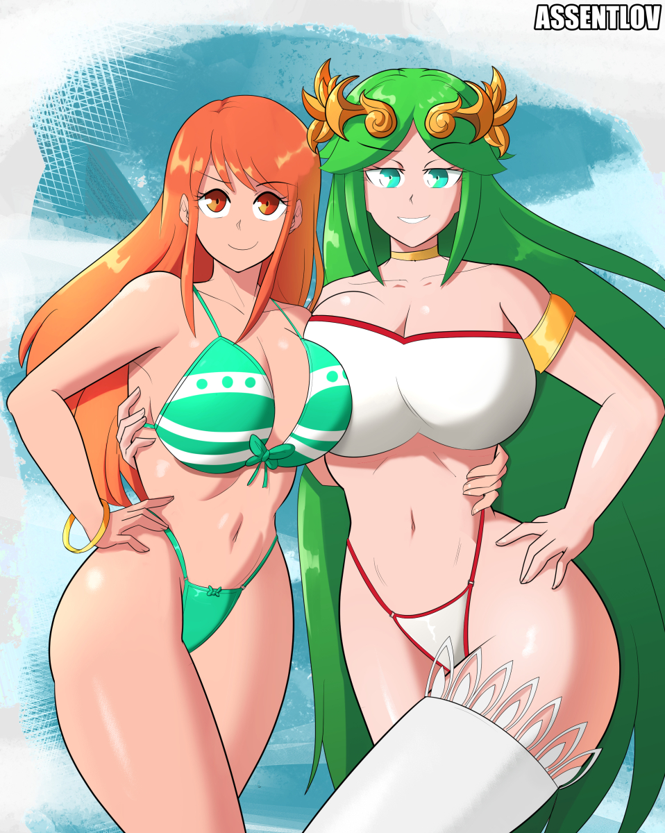 2girls alternate_costume assentlov breasts crossover female female_only green_hair hair_fetish huge_breasts kid_icarus looking_at_viewer nami naughty_face navel nintendo one_piece orange_hair palutena post-timeskip