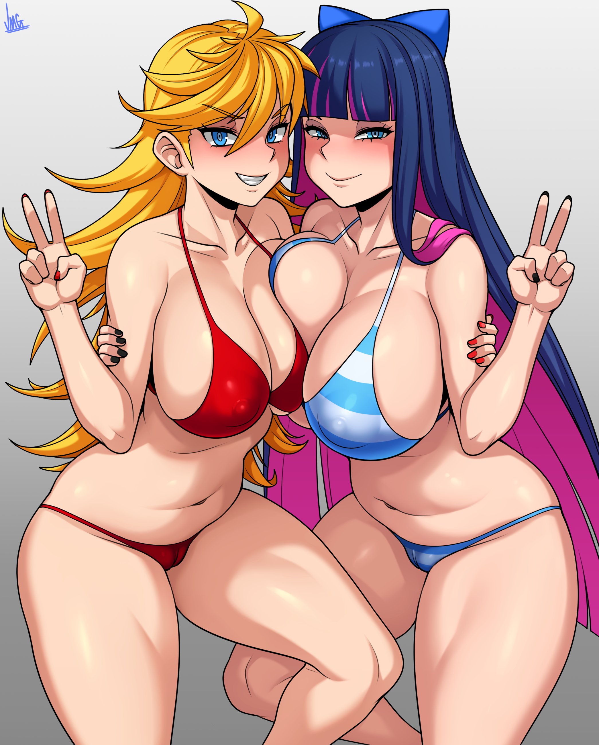 2girls, asymmetrical docking, bikini, blonde hair, blue eyes, blue hair, breast size difference, breasts, female, jmg, large breasts, looking at viewer, panties, panty & stocking with garterbelt, panty anarchy, peace sign, smile, smiling at viewer, stocking anarchy, two-tone hair