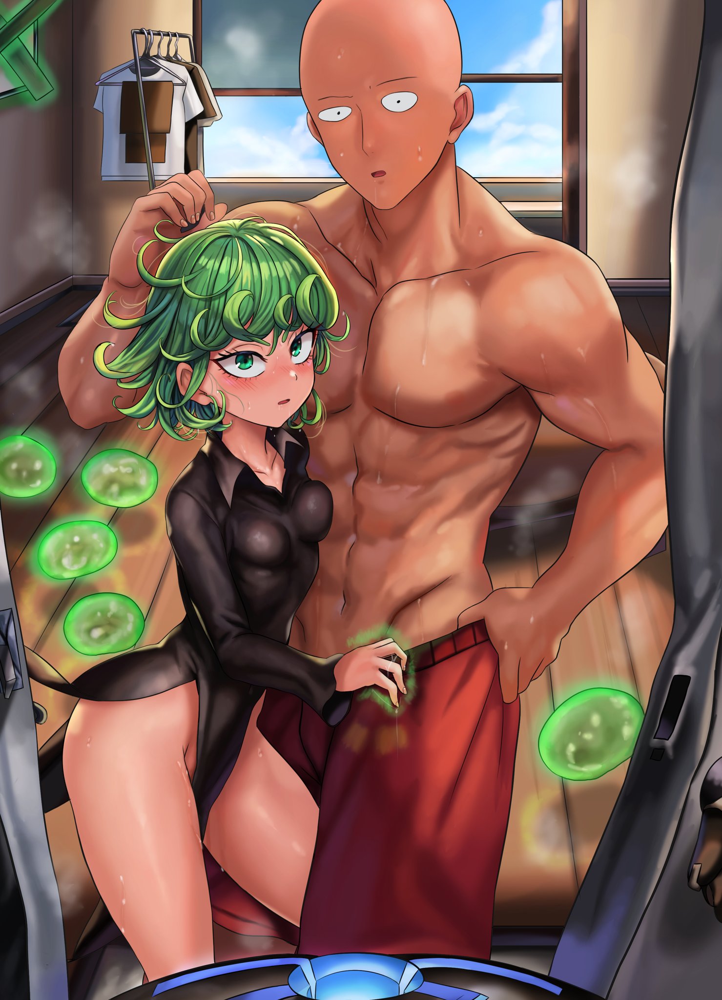 1boy, 1girls, bald, black dress, dress, fair6805, female, flying sweatdrops, green hair, male, one-punch man, red shorts, rkrk12, saitama, sweat, sweating, sweaty body, tatsumaki, topless male