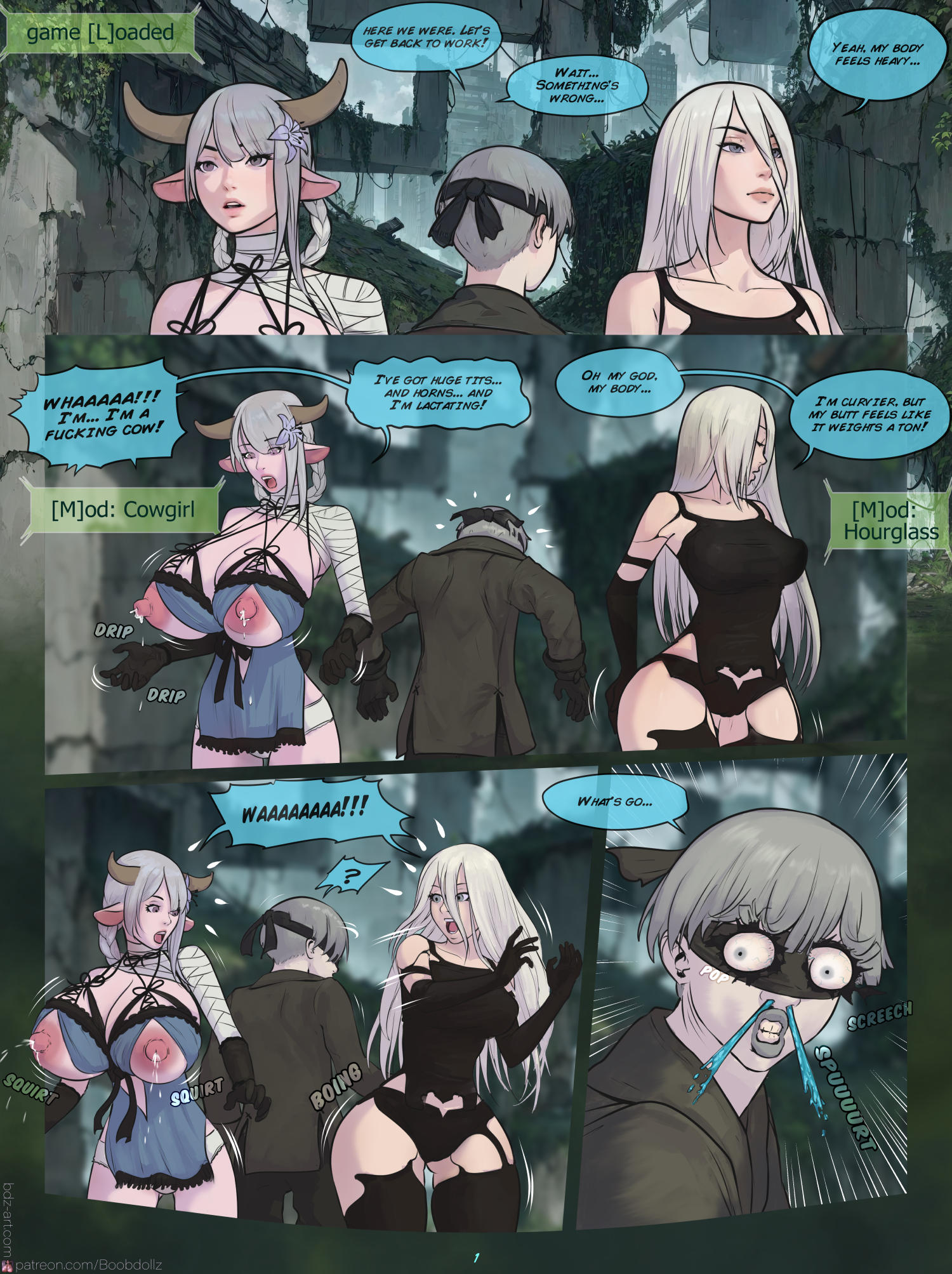 1boy, 2girls, areolae, ass, ass expansion, big ass, big breasts, blindfold, boobdollz, breast expansion, breast growth, breast growth (enlargement), breasts, comic, cow ears, cow girl, cow horns, english text, female, huge breasts, kaine (nier), lactation, light skin, light-skinned female, light-skinned male, long hair, male, nier, nier replicant, nier: automata, nipples, page 1, short hair, text, white hair, yorha 9s, yorha a2