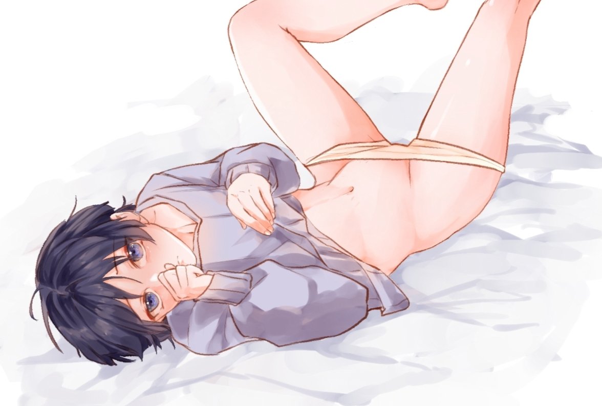 blue_eyes femboy genshin_impact indigo_hair looking_at_viewer on_back on_bed panties scaramouche_(genshin_impact) sweater