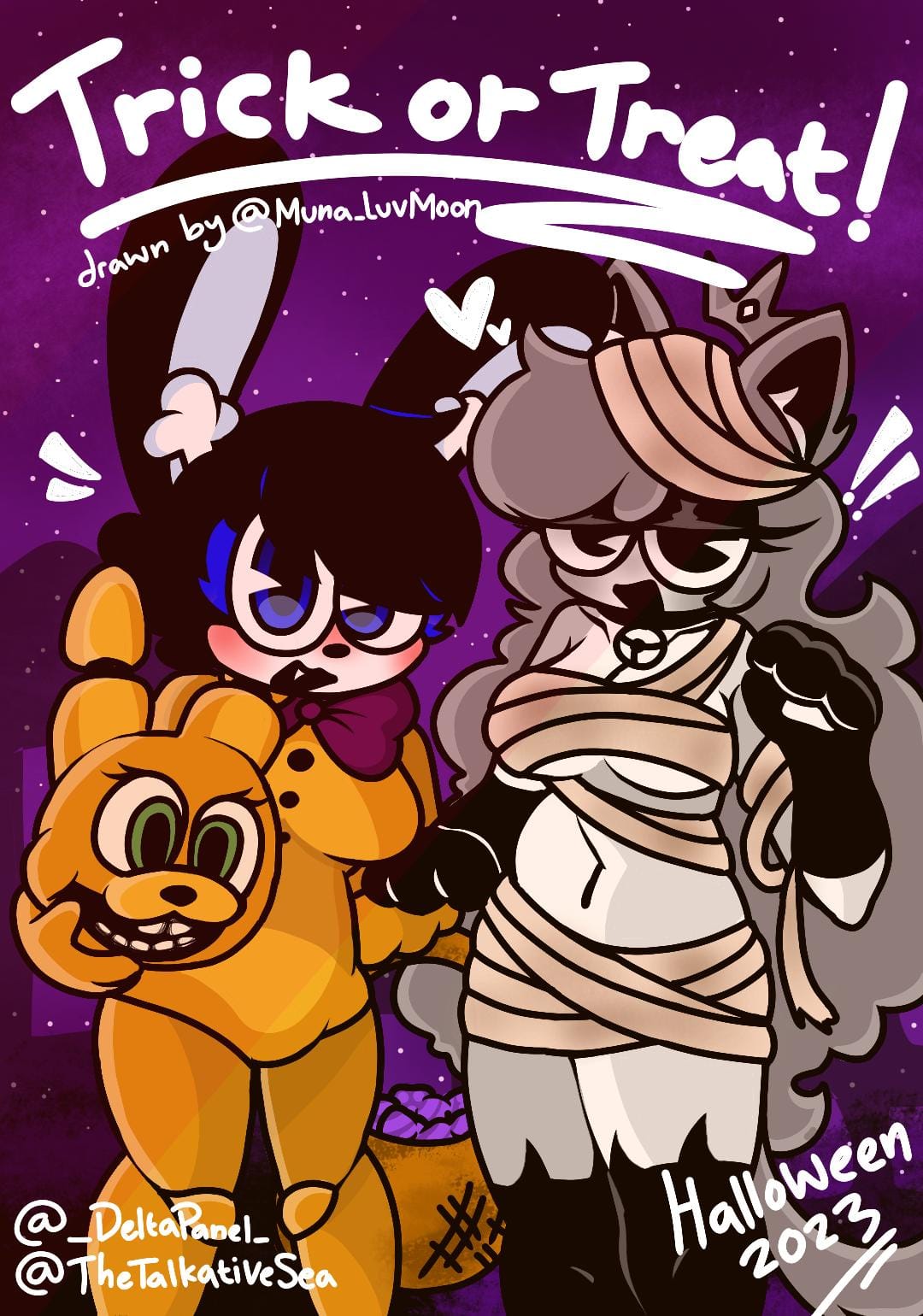 barely_clothed bedroom_eyes cat_ears cat_tail catgirl five_nights_at_freddy's friday_night_funkin mallory_(theshipysea) mummy_costume mummy_wrappings rabbit rabbit_ears shipy spring_bonnie spring_bonnie_(fnaf) the_shipy_sea thighhighs yuri