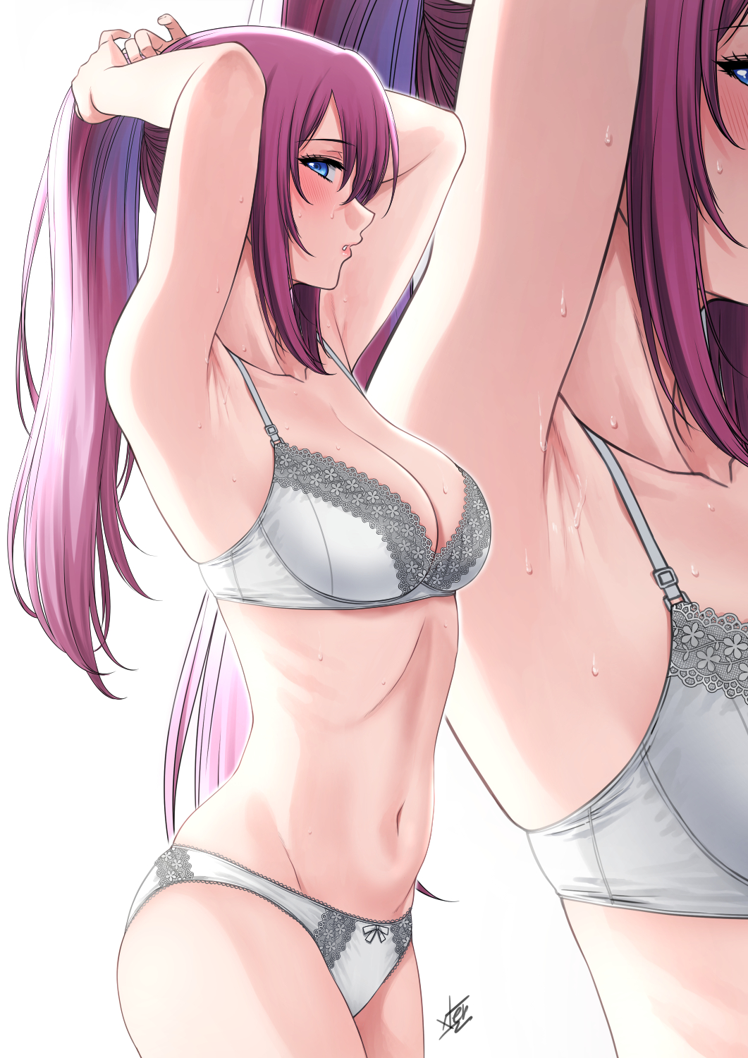 armpits arms_up artist_name blue_eyes bra breasts commentary cowboy_shot female grey_bra grey_panties highres holding holding_hair kawaii_dake_ja_nai_shikimori-san medium_breasts navel panties parted_lips ponytail profile purple_hair shikimori_(kawaii_dake_ja_nai) shikimori_micchon solo underwear underwear_only xter xtermination zoom_layer