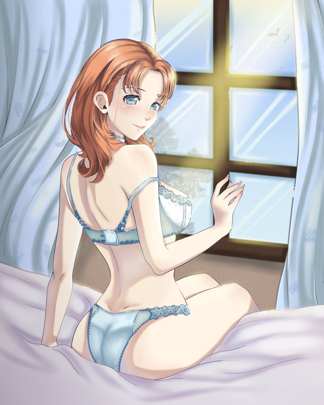 1girls, annette fantine dominic, ass, back, bare arms, bare back, bare legs, bare shoulders, big ass, blue eyes, blue panties, bra, breasts, commission, female, female only, fire emblem, fire emblem: three houses, indoors, legs, lingerie, looking back, medium breasts, medium hair, morning, nintendo, off shoulder, orange hair, panties, post-timeskip, shadin art, shoulders, sitting, solo, underwear, window