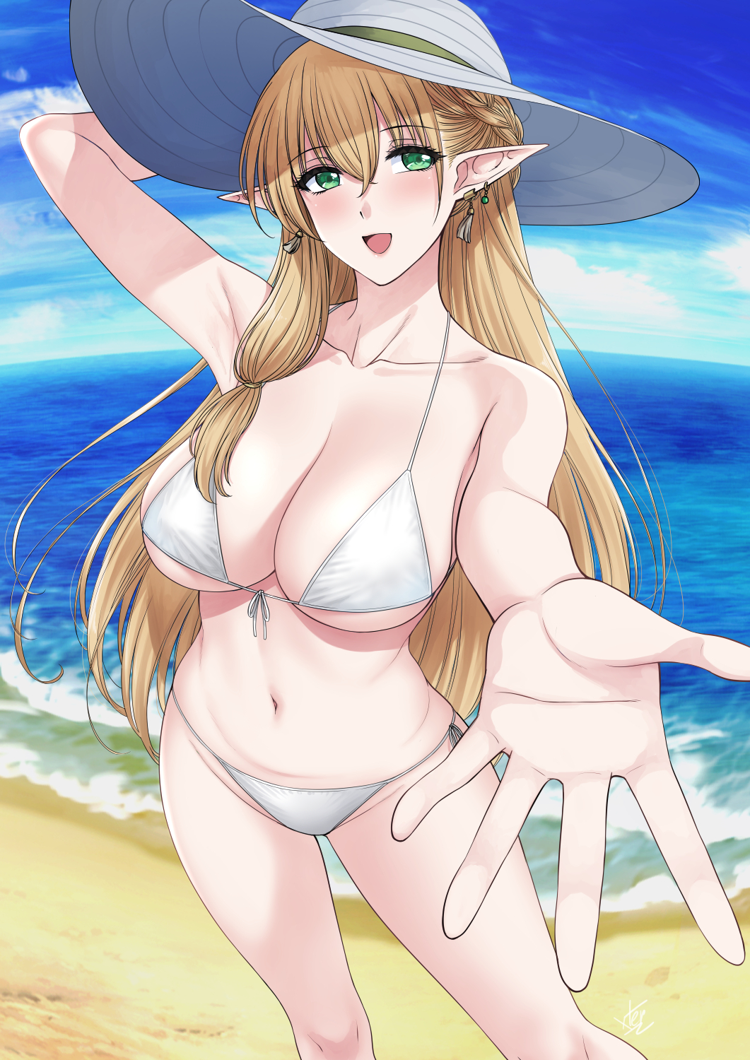 1girls aranis_elvene arm_behind_head arm_up armpits bare_armpits bare_belly bare_shoulder bare_shoulders bare_stomach bare_thighs beach big_breasts bikini blonde blonde_female blonde_hair blonde_hair_female blue_sky breasts cleavage collarbone ear_piercing ear_ring earring earrings elf eyebrows_visible_through_hair eyelashes_visible_through_hair female female_only green_eyes green_eyes_female hair_between_eyes hat highres hourglass_figure huge_breast huge_breasts jewelry large_breasts legs long_hair long_hair_female looking_at_viewer massive_breasts navel ocean one_arm_up open_mouth outside outstretched_hand pixela_isekai pixela_project pointy_chin pointy_ears sand sea sky smile solo solo_female string string_bikini string_bra string_panties sun_hat sunhat swimsuit thick_legs thick_thighs thighs virtual_youtuber white_bikini woman xtermination