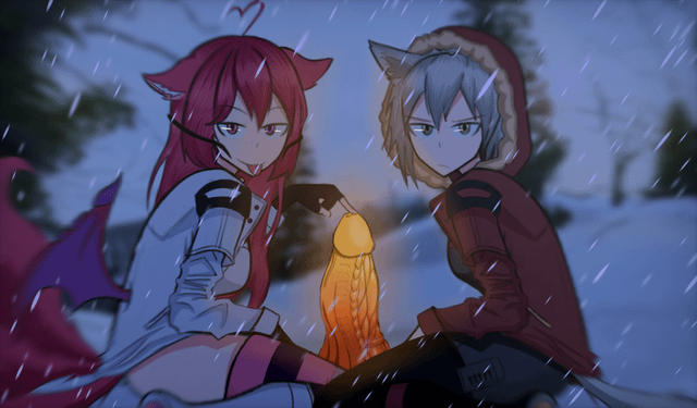 2girls arknights dildo glowing glowing_genitalia glowing_penis jacket penis projekt_red_(arknights) projekt_red_(light_breeze)_(arknights) purple_eyes red red_eyes red_hair snow snowing white white_hair