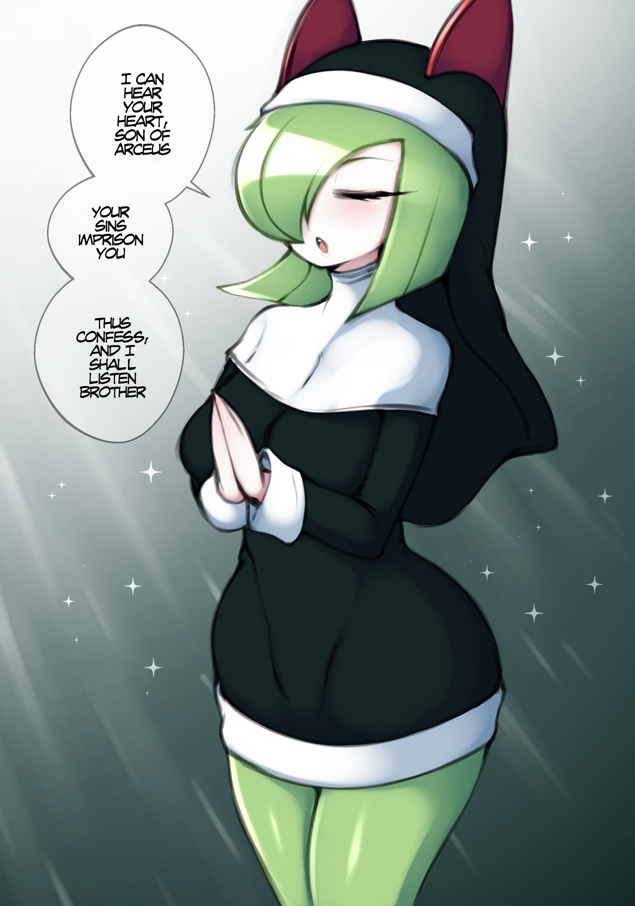 1girls, anthro, breasts, commission, dialogue, english text, female, female pokemon, green hair, kirlia, medium breasts, nintendo, nun, nun outfit, nun's habit, pokémon (species), pokemon, pokemon (species), saltyxodium, short hair, thick thighs, white body, wide hips