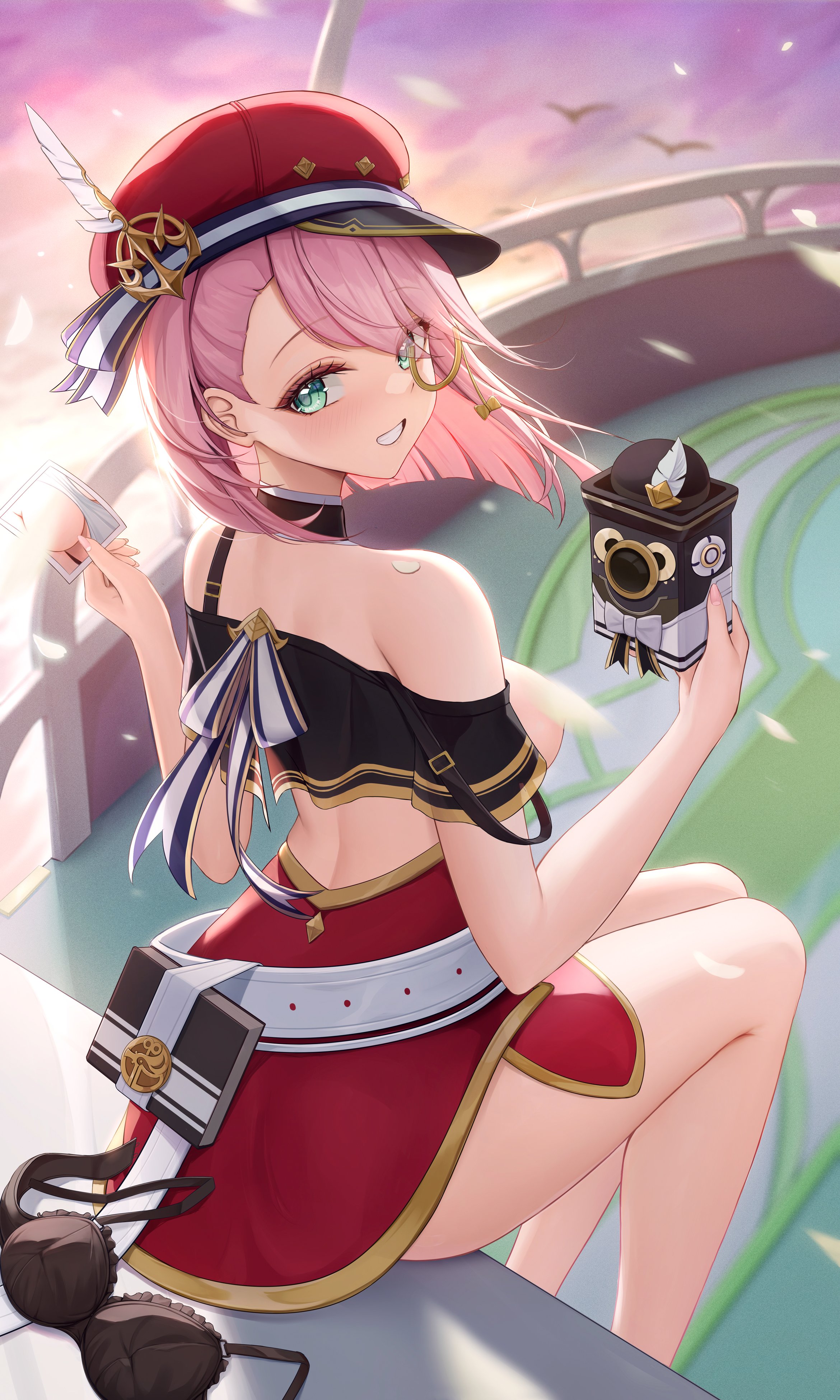 1girls, arayuki (sakurafubuki), black bra, bra removed, breasts, camera, censored nipples, charlotte (genshin impact), female, female only, genshin impact, hat, monocle, pink hair, sideboob, solo