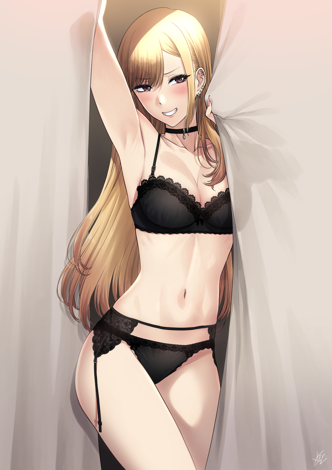 arm_up armpits black_bra black_choker black_panties blonde_hair blush bra breasts choker collarbone cowboy_shot curtain_grab curtains ear_piercing earrings fake_nails garter_belt grin gyaru highres jewelry kitagawa_marin lace lace-trimmed_bra lace-trimmed_panties lace_trim looking_at_viewer medium_breasts nail_polish navel panties piercing pink_nails red_eyes smile solo sono_bisque_doll_wa_koi_wo_suru standing stomach straight_hair swept_bangs thighs underwear underwear_only xter xtermination