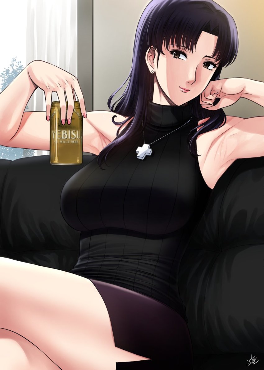 1girls armpits beer_can black_shirt blouse breasts brown_eyes can cross cross_necklace earrings facing_viewer female female_only fully_clothed highres jewelry katsuragi_misato lipstick looking_at_viewer makeup misato_katsuragi nail_polish necklace neon_genesis_evangelion purple_hair shirt sitting skirt solo xtermination yebisu