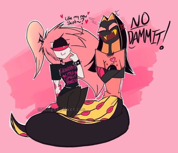 blush cherri_bomb_(hazbin_hotel) cherrisnake cumslut demons embarrassed funny hashtag hazbin_hotel one_eye pink_background sir_pentious_(hazbin_hotel) snake tagme text_bubble tshirt wayward_martian