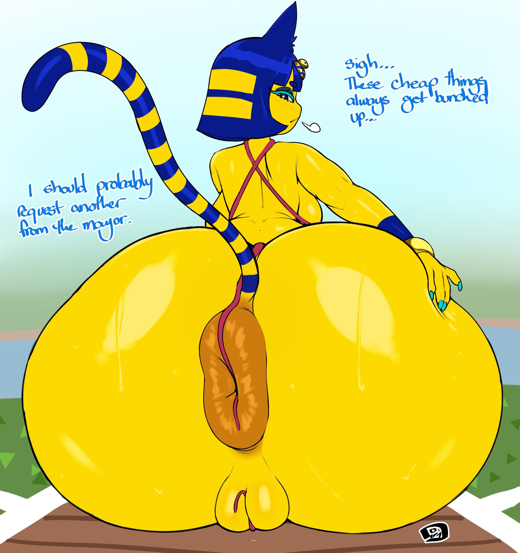 1girls, animal crossing, ankha, anthro, anus, ass, back view, breasts, dialogue, donut anus, female, female only, gaikiken, gigantic ass, huge ass, nintendo, puffy anus, pussy, rear view, sideboob, sitting, solo, solo female, sweat, text, wardrobe malfunction
