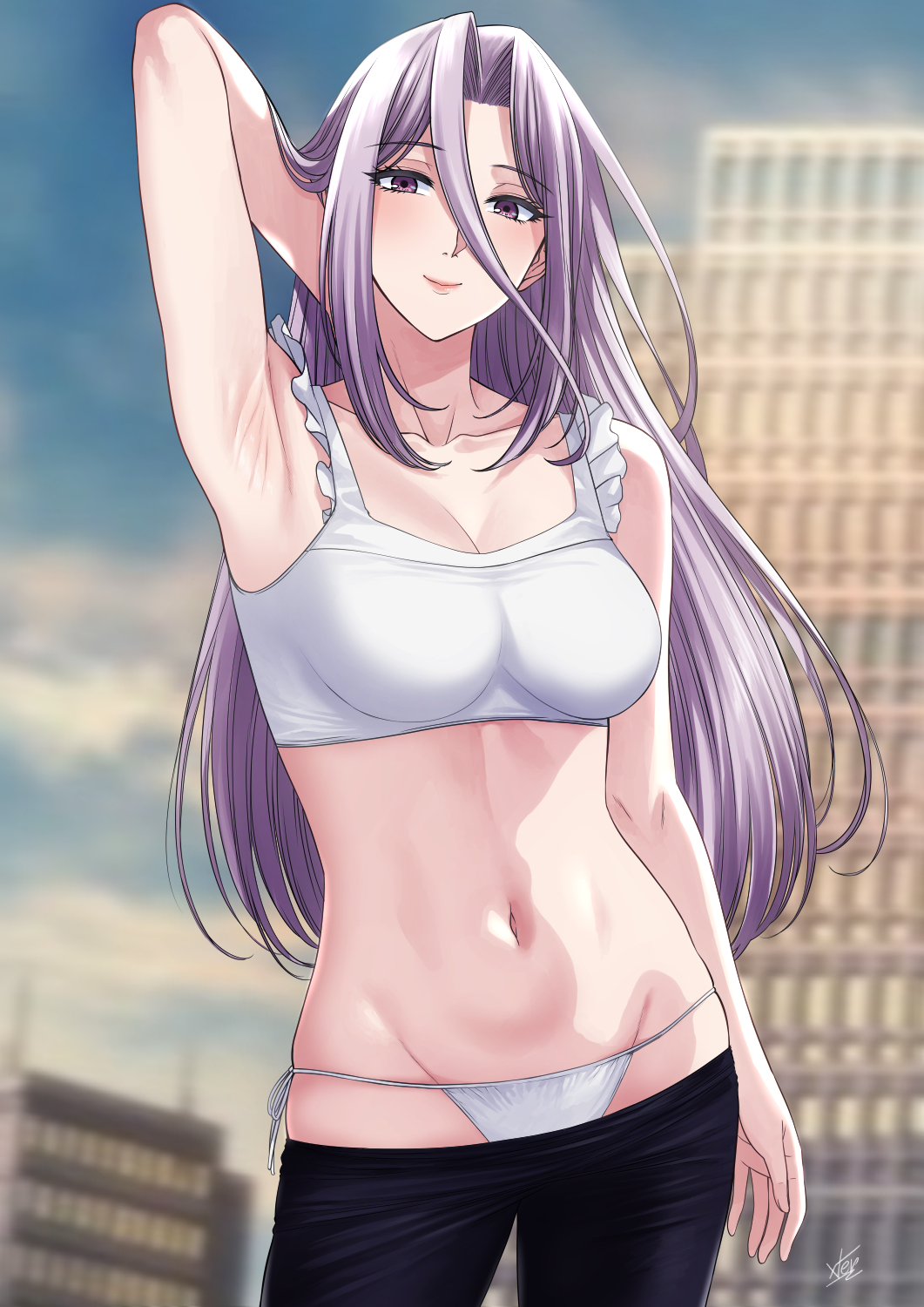 1girls armpits breasts building cleavage fuuto_pi highres kamen_rider kamen_rider_w long_hair looking_at_viewer medium_breasts navel outdoors panties pants purple_eyes purple_hair side-tie_panties tokime underwear xtermination