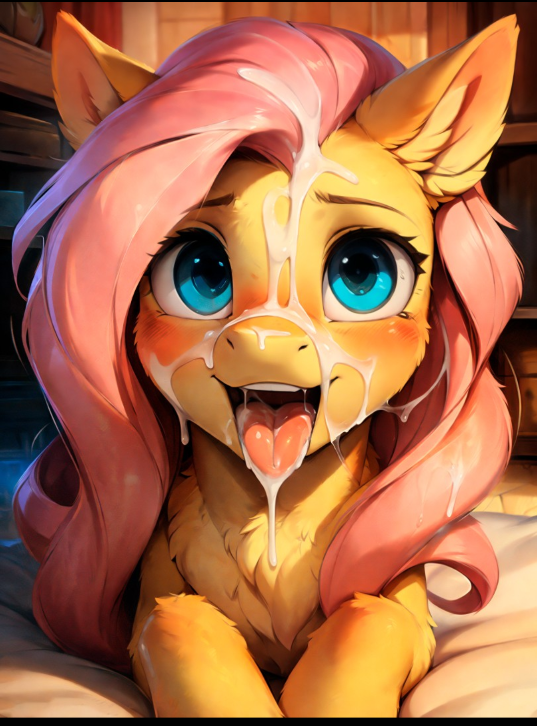 ai generated, cum, cum on face, female, female feral, feral, fluttershy (mlp), my little pony, tongue, tongue out