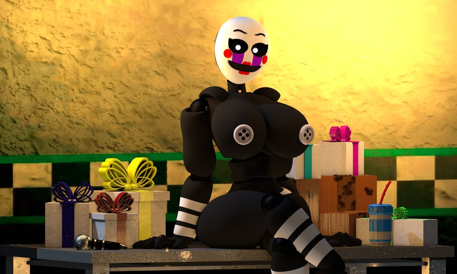 3d animatronic_female big_breasts black_skin classic_fnaf_2_marionette classic_fnaf_2_puppet eyebrows female five_nights_at_freddy's five_nights_at_freddy's_2 gift_box haunted looking_at_viewer marionette_(fnaf) masked naked nude original_fnaf_2_marionette original_fnaf_2_puppet pizzeria possessed presents puppet_(fnaf) robot_girl sitting sitting_on_table slim_waist solo striped_arms striped_legs ultimate_custom_night