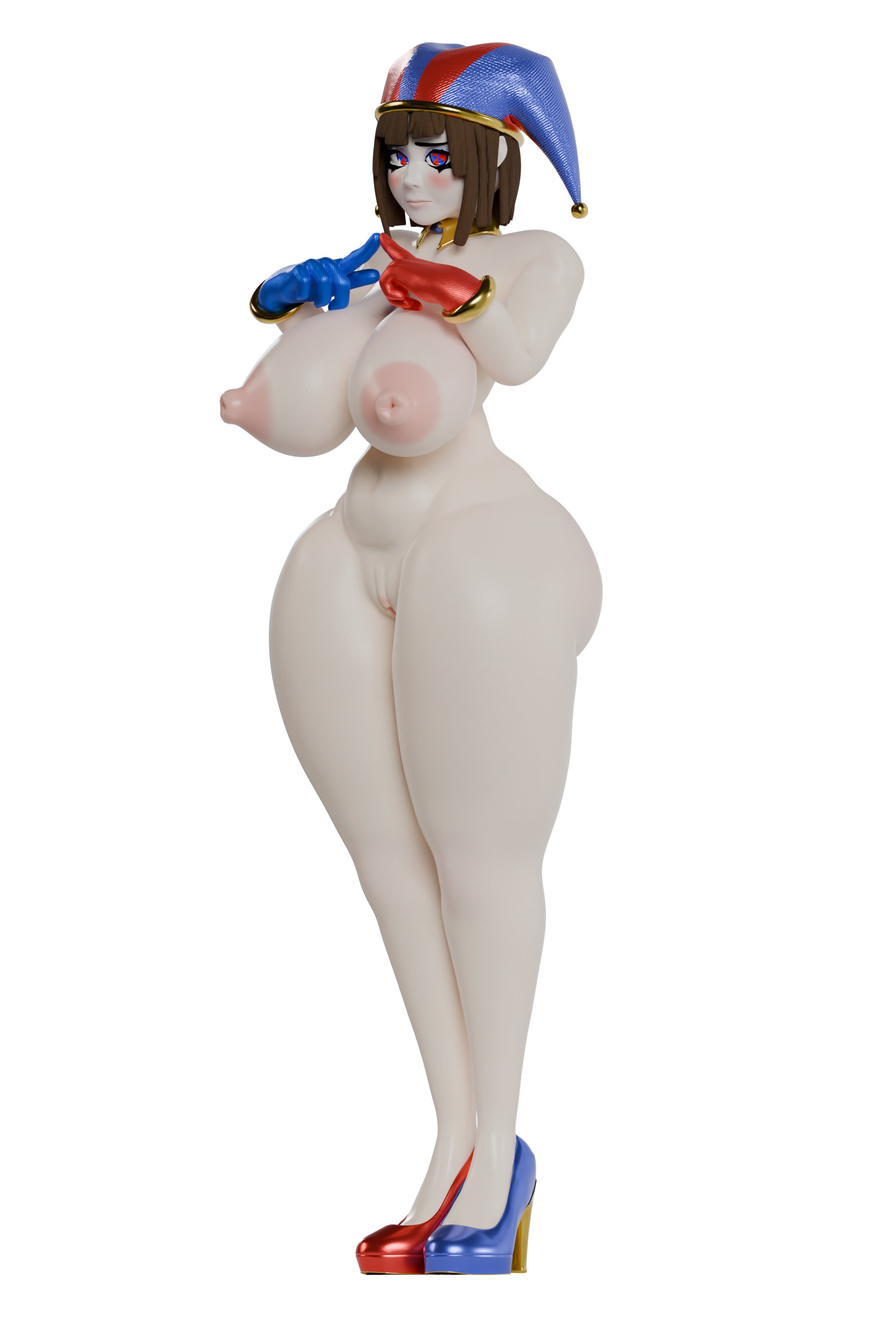 3d, areolae, ass, breasts, coel3d, female, glitch productions, gloves, hat, high heels, huge breasts, jester hat, large breasts, long legs, naked footwear, naked gloves, naked hat, naked heels, nipples, nude, pomni, pomni (the amazing digital circus), pussy, shy, standing, the amazing digital circus, thick thighs, vagina, voluptuous female, white body, wide hips