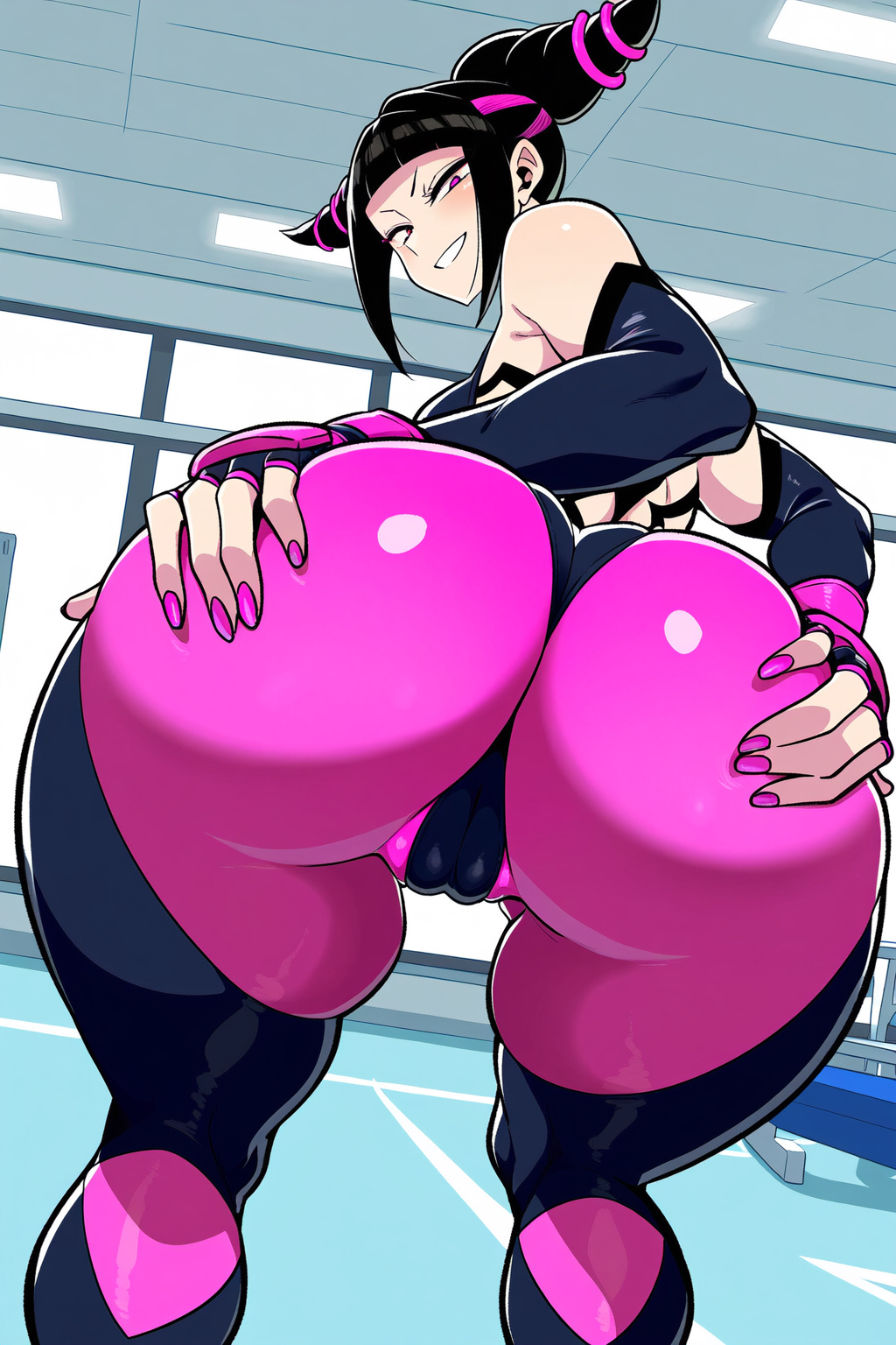 1girls ai_generated artist_request ass ass_focus ass_grab bare_shoulders big_ass big_butt black_hair breasts cameltoe capcom come_hither deep_skin female female_only fingerless_gloves from_behind gloves grin huge_ass juri_han leaning leaning_forward looking_at_viewer looking_back looking_down medium_breasts pants purple_eyes shiny shiny_clothes shiny_hair shiny_skin short_hair sideboob smile solo street_fighter street_fighter_6 street_fighter_iv street_fighter_iv_(series) street_fighter_v