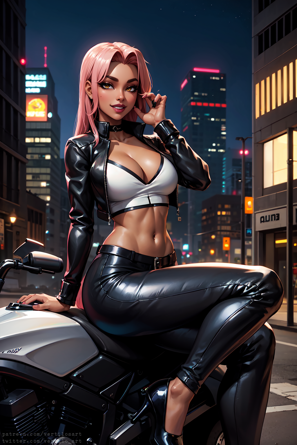 1girls adult ai_generated biker_clothes biker_girl crop_top hair_intakes high_heels ingrid_(taimanin_asagi) jacket leather_jacket leather_pants lipstick makeup mature_female motorcycle navel open_jacket pink_hair sitting smile stomach tagme taimanin_(series) vertiloart white_crop_top yellow_eyes