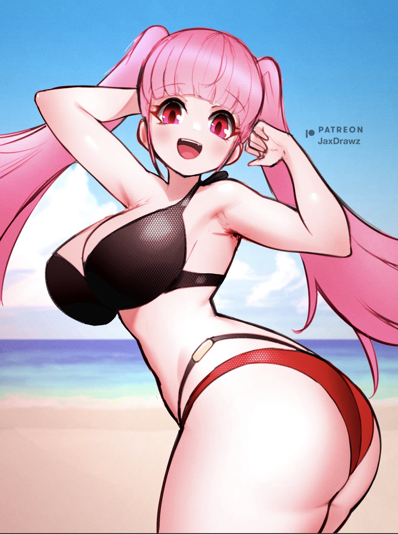 ass bikini black_bikini black_swimsuit blunt_bangs breasts female female_only fire_emblem fire_emblem:_three_houses hilda_valentine_goneril jaxartdump nintendo pink_hair red_bikini red_swimsuit solo swimsuit twintails