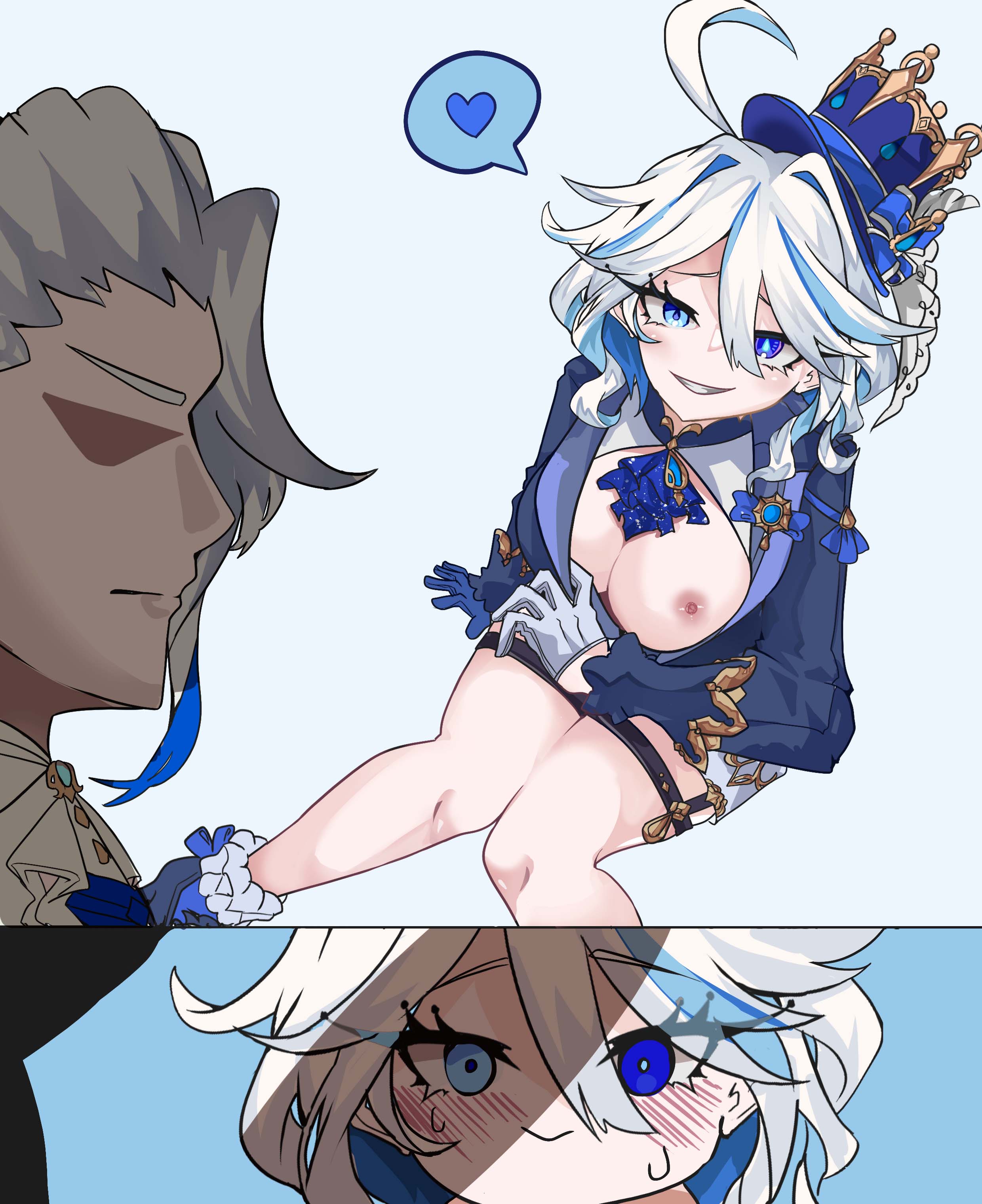 1boy, 1boy1girl, 1girls, angry, artist request, blush, breasts, erection, female, flashing, furina (genshin impact), genshin impact, heart, hoyoverse, imminent oral, male, neuvillette (genshin impact), nipples, one breast out, penis, penis awe, penis shadow, size difference, smirk, sweatdrop, teasing